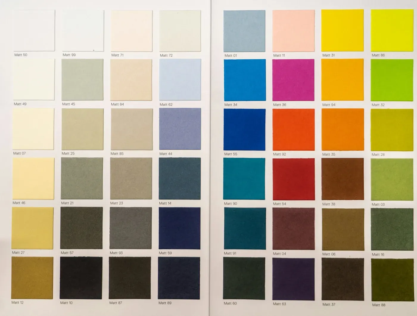 Matt paint color chart with many shades